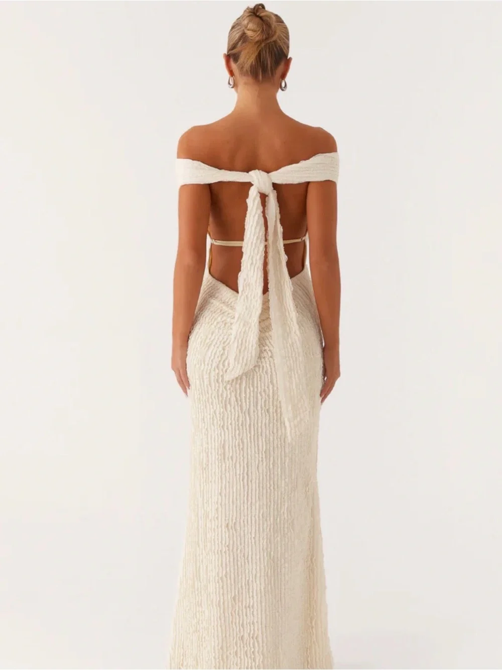 Off-Shoulder Ivory Knit Evening Dress - Picture 2 of 4